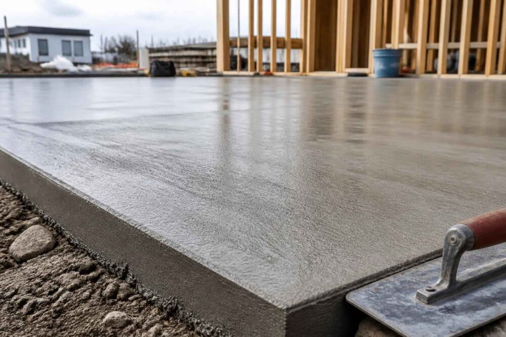 Wygładzanie świeżo wylanego betonu przy drewnianej konstrukcji budynku