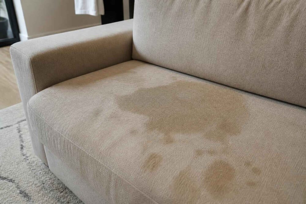 Zabrudzona jasna sofa w salonie Jasna sofa z rozległymi plamami na siedzisku i przedniej części tapicerki